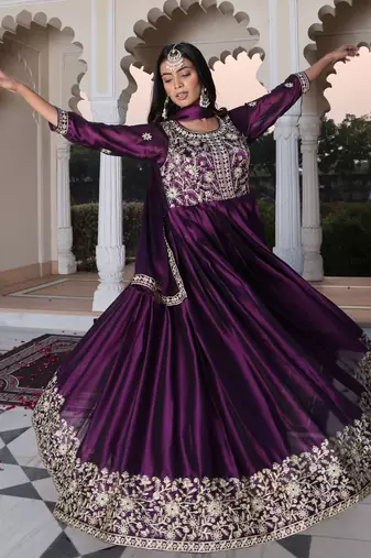 Purple glamorous rangoli silk fabric ribbon embroidery work heavy ceremonial attire