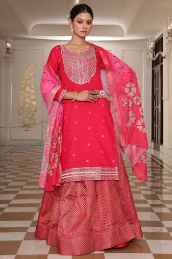 Pink glamorous rangoli silk fabric sequence embroidery work heavy ceremonial attire