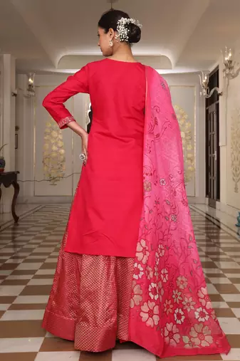 Pink glamorous rangoli silk fabric sequence embroidery work heavy ceremonial attire