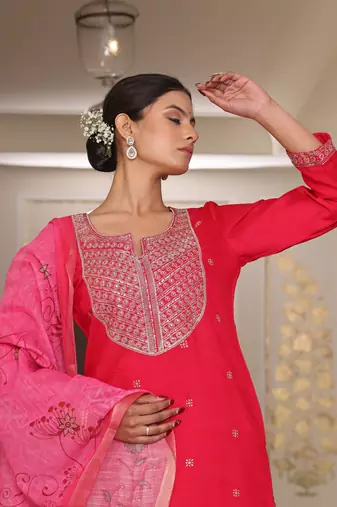 Pink glamorous rangoli silk fabric sequence embroidery work heavy ceremonial attire