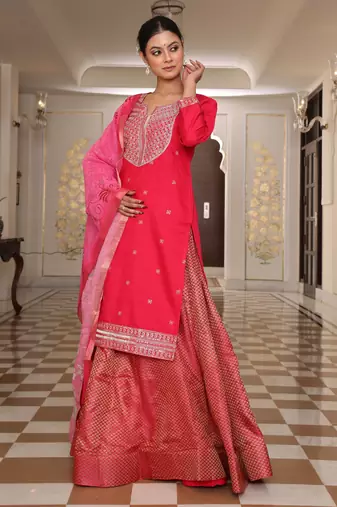 Pink glamorous rangoli silk fabric sequence embroidery work heavy ceremonial attire