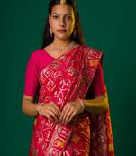 Red  muga silk fabric banarasi zari weaving work saree