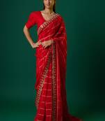Red with zari work  georgette saree for karwachauth