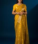 Yellow handloom zari border work with pure banarasi crush tissue saree
