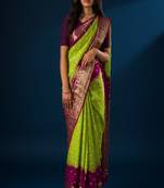 Parrot green  with zari border sam parrot purple viscose  silk bandhani saree