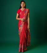 Red bandhani zari border muga art silk saree
