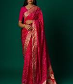 Red muga art silk bandhani zari border saree