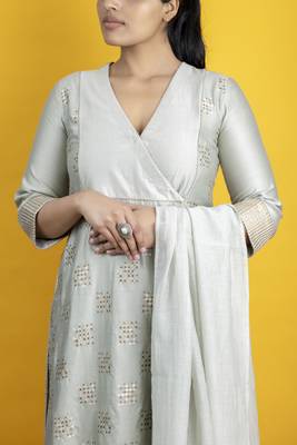 Silver grey 3 peice angrakha kurta in banarasi silk embellished with gota detailing with pants and dupatta 3