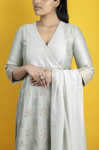 Silver grey 3 peice angrakha kurta in banarasi silk embellished with gota detailing with pants and dupatta