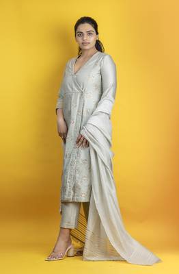 Silver grey 3 peice angrakha kurta in banarasi silk embellished with gota detailing with pants and dupatta 4
