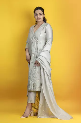 Silver grey 3 peice angrakha kurta in banarasi silk embellished with gota detailing with pants and dupatta