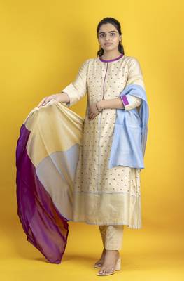 Beige color kurta set with pant and dupatta on pure banarasi silk 1