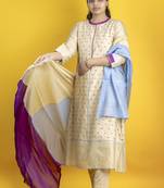 Beige color kurta set with pant and dupatta on pure banarasi silk