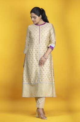 Beige color kurta set with pant and dupatta on pure banarasi silk 2