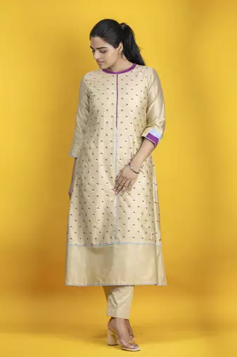 Beige color kurta set with pant and dupatta on pure banarasi silk