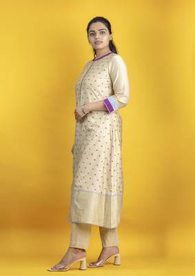 Beige color kurta set with pant and dupatta on pure banarasi silk 3