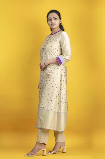 Beige color kurta set with pant and dupatta on pure banarasi silk