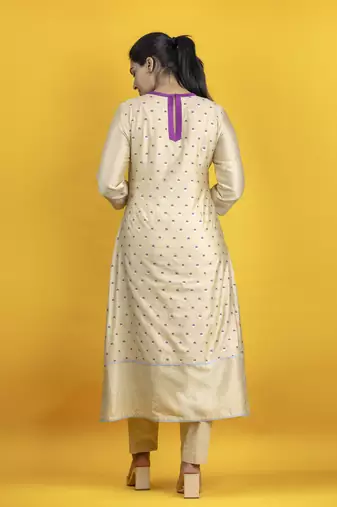 Beige color kurta set with pant and dupatta on pure banarasi silk