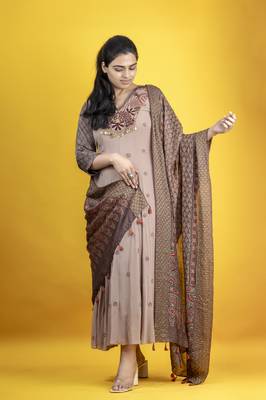 georgette ankle length hand embroidered anarkali with ajrakh dupatta on chanderi fabric 1