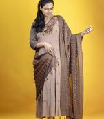 georgette ankle length hand embroidered anarkali with ajrakh dupatta on chanderi fabric