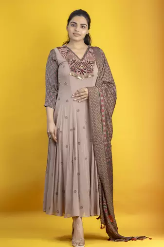 georgette ankle length hand embroidered anarkali with ajrakh dupatta on chanderi fabric