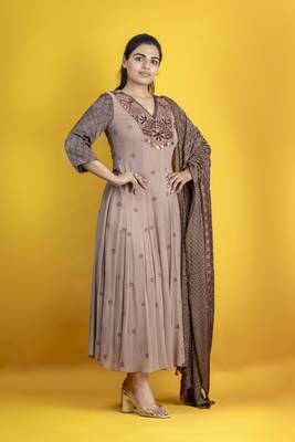 georgette ankle length hand embroidered anarkali with ajrakh dupatta on chanderi fabric 3