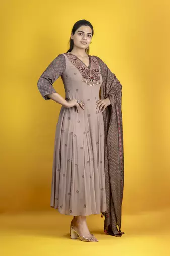 georgette ankle length hand embroidered anarkali with ajrakh dupatta on chanderi fabric
