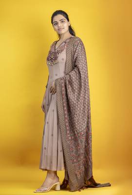 georgette ankle length hand embroidered anarkali with ajrakh dupatta on chanderi fabric 4