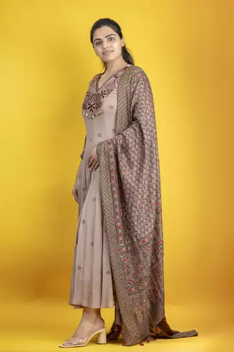 georgette ankle length hand embroidered anarkali with ajrakh dupatta on chanderi fabric