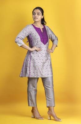 Lavender grey color a-line kurta co ord on pure banarasi silk 1