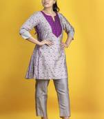 Lavender grey color a-line kurta co ord on pure banarasi silk