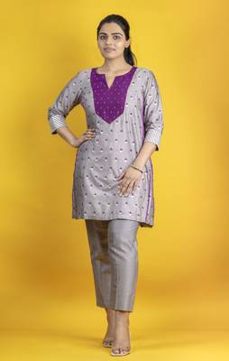 Lavender grey color a-line kurta co ord on pure banarasi silk 2