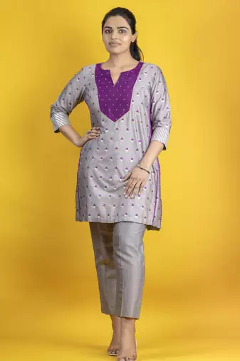 Lavender grey color a-line kurta co ord on pure banarasi silk