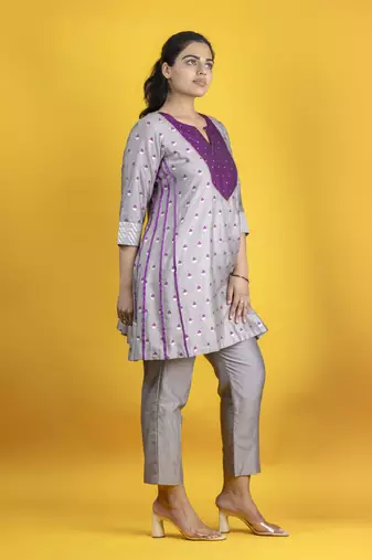 Lavender grey color a-line kurta co ord on pure banarasi silk
