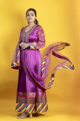 Violet floor length pure mashru fabric embroidery details on the neckline anarkali with dupatta 1