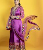 Violet floor length pure mashru fabric embroidery details on the neckline anarkali with dupatta
