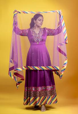 Violet floor length pure mashru fabric embroidery details on the neckline anarkali with dupatta 2