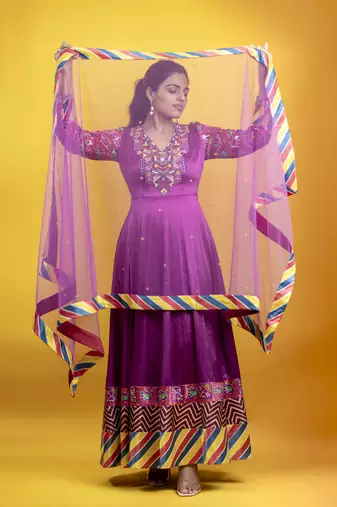 Violet floor length pure mashru fabric embroidery details on the neckline anarkali with dupatta