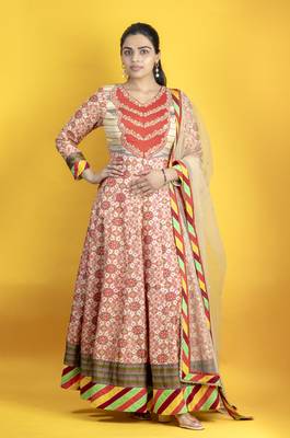 Beige floor length pure south silk fabric patola print anarkali embellised with embroided dupatta 1