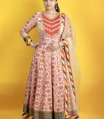 Beige floor length pure south silk fabric patola print anarkali embellised with embroided dupatta