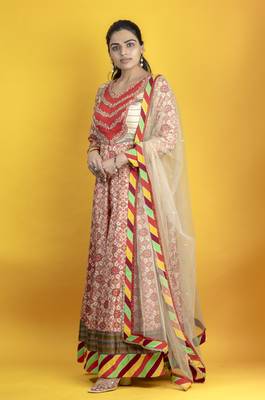 Beige floor length pure south silk fabric patola print anarkali embellised with embroided dupatta 2