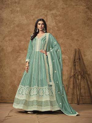 Aqua blue embroidered dola silk blend gown 1