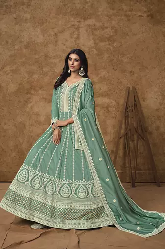 Aqua blue embroidered dola silk blend gown