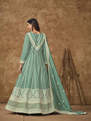 Aqua blue embroidered dola silk blend gown 3