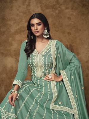 Aqua blue embroidered dola silk blend gown 4
