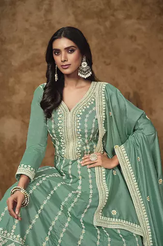 Aqua blue embroidered dola silk blend gown