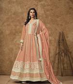 Peach embroidered pure dola silk ceremonial gown