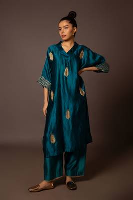 Teal kaftan kurta with pitta work 1