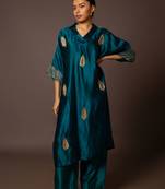 Teal kaftan kurta with pitta work