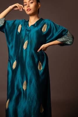 Teal kaftan kurta with pitta work 2